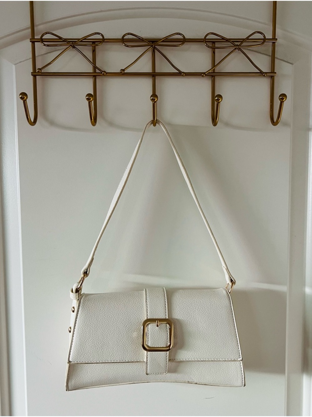 White Shoulder Bag with Gold Buckle